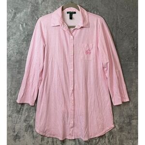 Lauren Ralph Lauren Nightgown Large Soft Pink Striped Long Sleeve Button Up